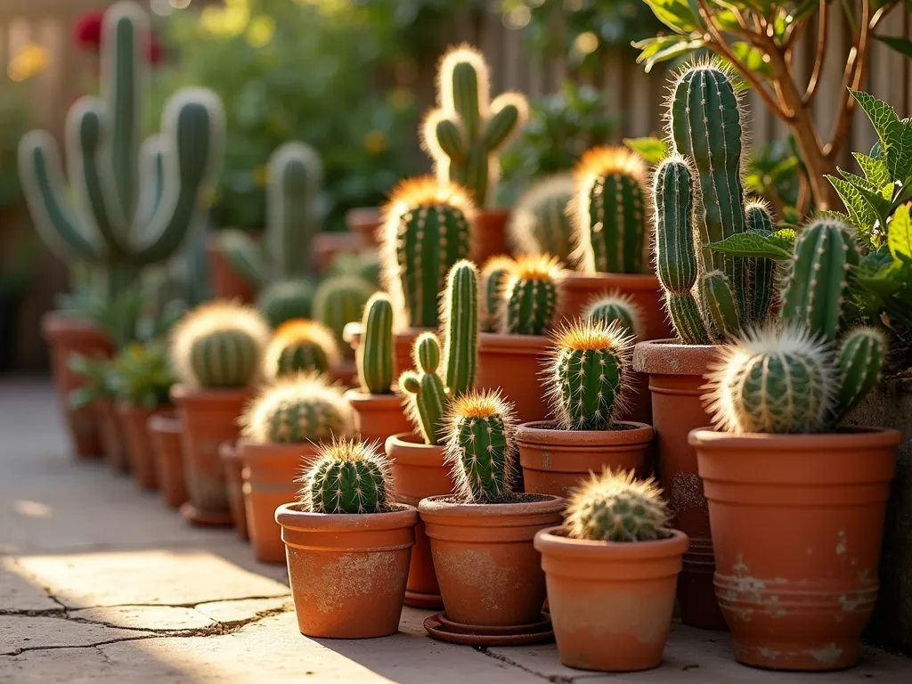 Rustic Terra Cotta Cactus Collection - A stunning close-up photograph of an artfully arranged collection of diverse cacti in weathered terra cotta pots on a sun-drenched patio corner. Multiple pot sizes create a dynamic stepped display, from small 4-inch pots to large 24-inch containers. The collection features barrel cacti, columnar cacti, and flowering prickly pears arranged at varying heights on a vintage wooden plant stand. Golden evening sunlight casts long shadows across the textured pots, highlighting the spines and ridges of each specimen. Shot with a digital camera, 16-35mm lens at f/2.8, ISO 400, capturing the rich terracotta colors and intricate cactus details with perfect depth of field.