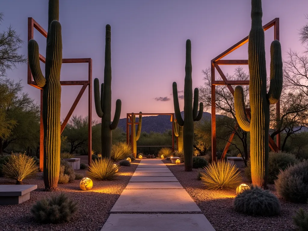 Modern Desert Sculpture Garden with Dramatic Cacti - A stunning twilight scene of a contemporary desert garden featuring towering saguaro and barrel cacti arranged as natural sculptures, complemented by angular copper and weathered steel art installations. Large geometric metalwork frames echo the cacti's silhouettes against a purple-orange sky. Artistic spotlighting casts dramatic shadows across a decomposed granite path winding between the specimens. Several golden barrel cacti clusters create lower focal points, while a massive organ pipe cactus serves as a dramatic centerpiece. Modern concrete benches and minimal water features add architectural elements. Shot from a wide angle to capture the theatrical arrangement and interplay of natural and constructed forms.