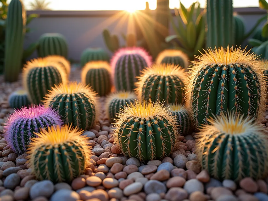 Vibrant Desert Rainbow Garden - A close-up shot at golden hour of a stunning outdoor cactus garden featuring a mesmerizing collection of colorful cacti arranged in natural tiers. The scene showcases Ferocactus with golden spines, iridescent blue Pilosocereus azureus, purple-tinged Opuntia santa-rita, and rainbow-colored Echinocereus rigidissimus. Soft sunlight filters through the spines creating a magical glow, while desert pebbles in warm tones provide a harmonious base. The background features a modern concrete retaining wall softened by trailing desert plants. Shot with a 16-35mm lens at f/2.8, ISO 400, capturing the rich textures and natural color variations of the cacti collection.