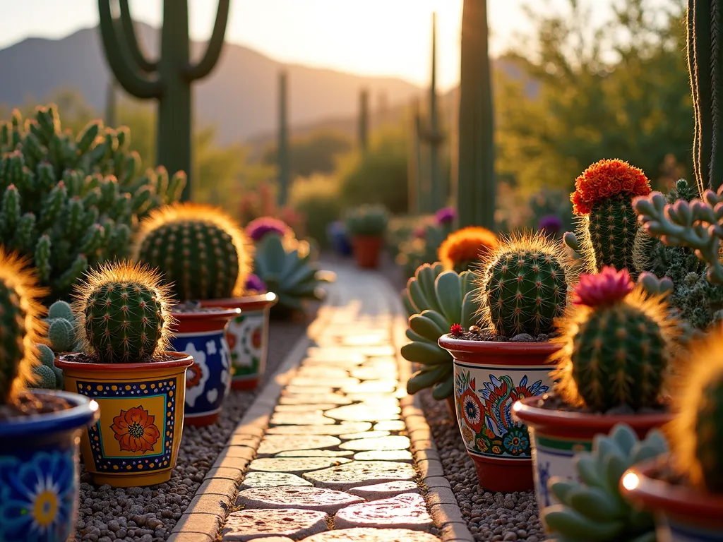 Vibrant Southwest Desert Garden - A stunning late afternoon garden scene featuring a collection of colorful cacti and succulents arranged in hand-painted Mexican Talavera pots of blue, yellow, and red. Golden barrel cacti glow in the warm sunlight, while purple echeveria create striking contrast against orange flowering barrel cacti. A decorative pathway lined with intricate Talavera tiles leads through the garden, with various heights of prickly pear cacti creating depth. Desert mountains visible in the background, shot at f/2.8 with beautiful bokeh effect, golden hour lighting casting long shadows across the textured landscape. 16mm wide-angle perspective capturing the entire scene's vibrant Southwest charm.