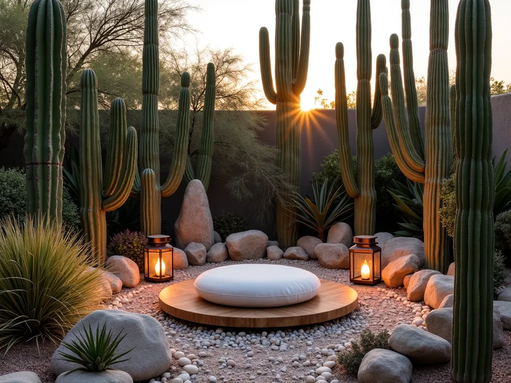 Zen Desert Garden Retreat - A serene outdoor meditation space at sunset, featuring a circular arrangement of diverse cacti and succulents creating a natural privacy screen. In the center, a modern low-profile meditation cushion rests on a round wooden platform, surrounded by smooth river rocks and pebbles arranged in contemplative patterns. Soft ambient lighting from copper lanterns casts warm shadows across architectural cacti like Saguaro and Barrel varieties. Mexican Feather Grass sways gently between specimens, while a small stone water feature provides gentle ambient sound. The scene is captured from a slightly elevated angle, showing how the space naturally flows within a larger desert garden landscape. The golden hour lighting highlights the cacti's silhouettes and creates a peaceful atmosphere perfect for meditation.