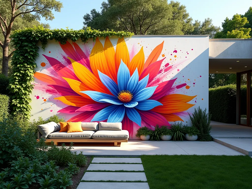 Modern Abstract Floral Garden Mural - A stunning wide-angle shot of a contemporary garden wall featuring a large-scale abstract mural depicting an explosion of flowers in bold, saturated colors - magenta, electric blue, sunset orange, and vibrant yellow. The mural shows dynamic, flowing brush strokes creating abstract flower forms bursting from a central point, with paint-splash effects and geometric elements. The wall is partially covered by climbing ivy on the edges, creating an organic frame. The late afternoon sun casts dramatic shadows across the mural, while lush green foliage in the foreground provides a natural contrast to the artistic explosion. Modern garden furniture and sculptural planters complete the scene, showcasing the perfect blend of art and nature.