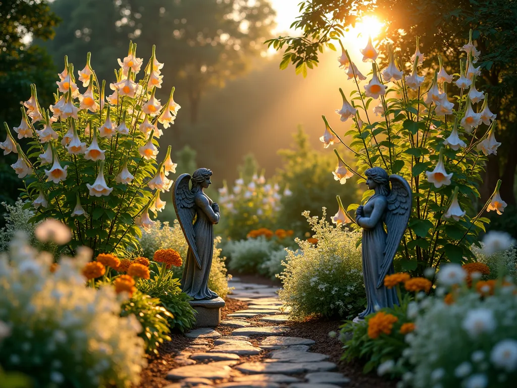 Angel Trumpet Garden Sanctuary - A serene garden corner at dusk featuring towering angel trumpet (Brugmansia) plants with cascading white and peach trumpet-shaped blooms, photographed with a DSLR wide-angle lens. The flowers are backlit by warm golden hour light, creating a ethereal glow. White roses, golden marigolds, and silver artemisia create a celestial understory. Two weathered stone angel statues stand guard among the flowers, their wings catching the last rays of sunlight. A rustic stone path leads to this sacred corner, bordered by glowing white candytuft. Soft bokeh effect in background with dappled light filtering through tree canopy. Professional garden photography, f/8, ISO 100, 1/125 sec, dramatic lighting, mystical atmosphere.