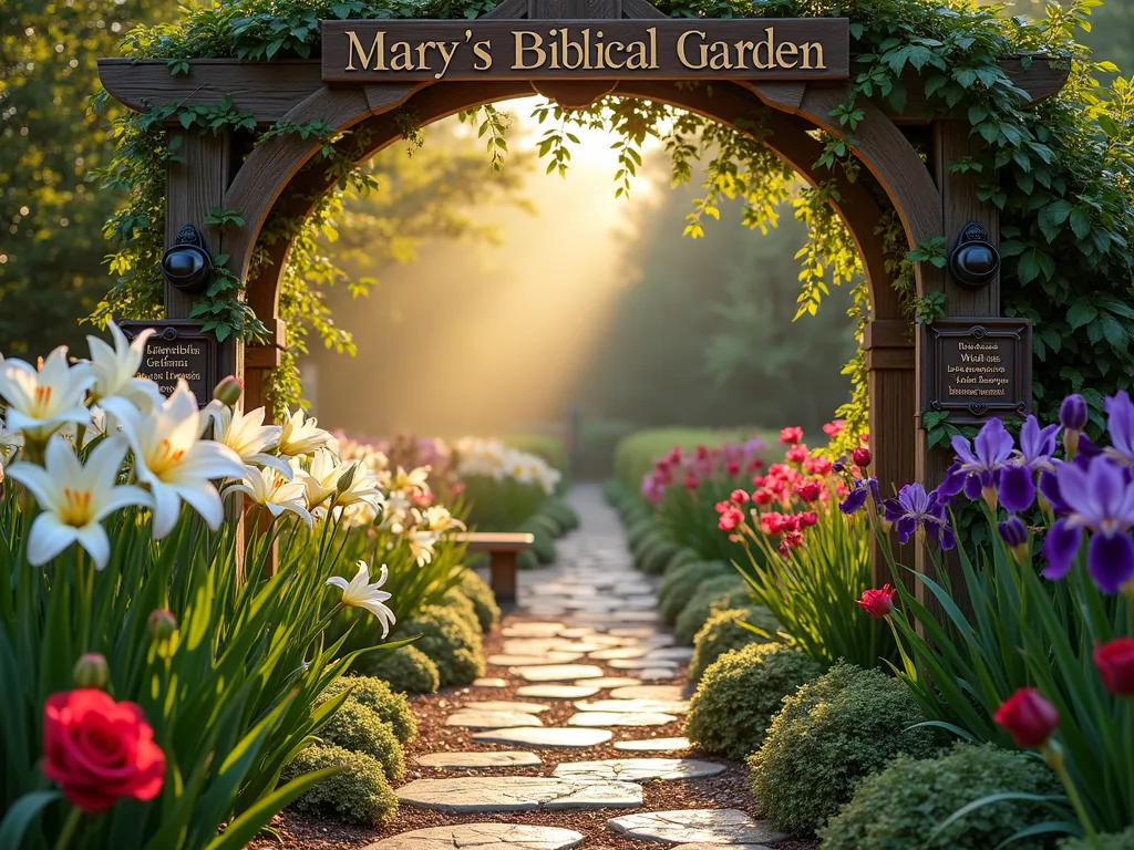 Sacred Biblical Garden Collection at Dawn - A serene garden path at dawn with golden morning light filtering through trees, featuring a curated collection of biblical plants. In the foreground, elegant white Madonna lilies stand tall beside deep red Damask roses and purple irises. Ornate bronze plaques with scripture references are nestled among the flowers. Stone pavers create a meandering path through the garden, while a small stone bench offers a place for contemplation. Dew drops glisten on the petals, and a gentle morning mist adds an ethereal quality. A rustic wooden arch covered in climbing roses frames the scene, with intricate metalwork displaying 'Mary's Biblical Garden' in elegant script.