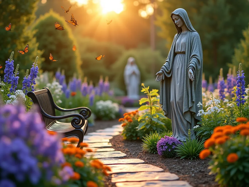 Butterfly Prayer Garden with Mary Statue - A serene garden sanctuary at golden hour, featuring a weathered stone statue of Mary surrounded by a vibrant butterfly garden. Purple butterfly bush and orange lantana create sweeping curves in a thoughtfully designed garden bed. Butterflies dance among blue delphinium and white lilies, casting gentle shadows in the warm evening light. Natural stone pathway winds through the garden, with ornate wrought-iron benches nestled among the flowers. Soft bokeh effect in background captures floating butterflies and scattered light through foliage. Shot from a low angle to emphasize the spiritual connection between heaven and earth, DSLR, f/8, ISO 100, 1/125, wide-angle lens, golden hour lighting.