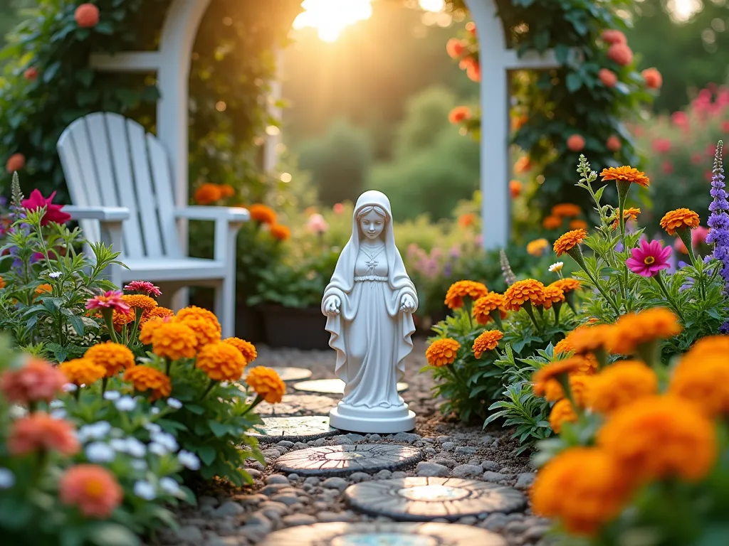 Child's Sacred Mary Garden Retreat - A whimsical, sunlit garden space designed for children, featuring a child-sized white marble statue of Mary surrounded by colorful, robust flowers. The garden includes a charming cobblestone pathway leading to a small wooden bench perfect for young visitors. Cheerful marigolds (Mary's Gold), snapdragons, and forget-me-nots bloom in raised wooden planters at child height. A decorative bird bath with mosaic tiles adds sparkle, while butterfly bushes attract wildlife. Durable garden stepping stones with religious symbols create an interactive path. Soft evening light filters through a white wooden arch covered in climbing roses, creating a magical atmosphere. Shot from a low angle to capture a child's perspective, with subtle depth of field highlighting the statue and flowers.