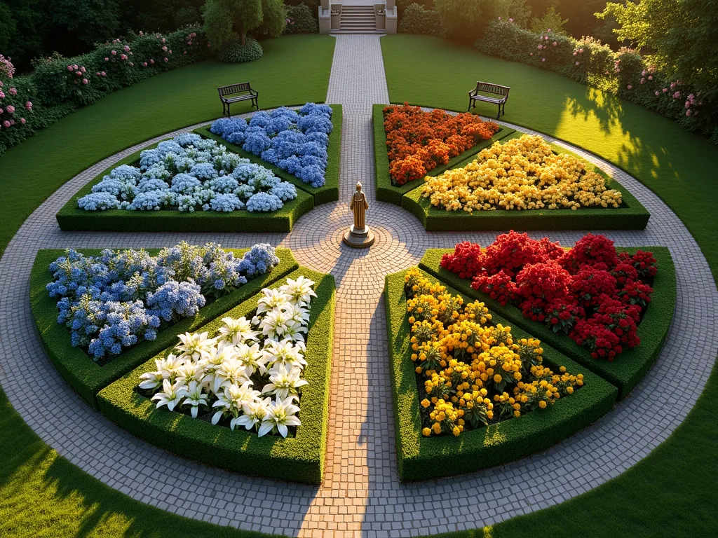 Circular Mary's Color Wheel Garden at Sunset - A serene aerial view of a perfectly circular garden divided into four equal sections, photographed during golden hour. The garden features a classic color wheel design with wedge-shaped segments in traditional Marian colors. The blue section blooms with delphiniums and blue hydrangeas, the white section glows with pure white lilies and roses, the gold section radiates with golden marigolds and yellow daylilies, and the red section flourishes with red roses and cardinal flowers. A small statue of Mary stands at the center where all sections meet, with cobblestone pathways creating elegant divisions between each color segment. Ornate garden benches are placed at the perimeter, while climbing roses on decorative trellises frame the outer circle. The low-angle sunlight casts long shadows across the meticulously maintained garden, creating a ethereal atmosphere as the flowers catch the warm evening light.