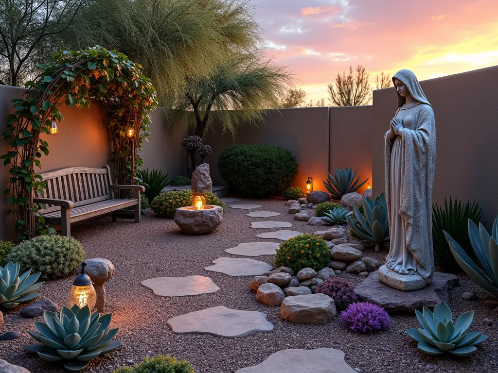 Serene Desert Mary Garden at Dusk - A tranquil desert-style Mary garden at dusk, featuring a weathered stone statue of the Virgin Mary as the centerpiece, surrounded by a thoughtfully arranged collection of succulents and desert plants. The garden is set in a private backyard corner, with a winding gravel path lined with smooth river rocks. Purple echeveria rosettes, golden barrel cacti, and silvery blue agave plants create a harmonious color palette. Delicate desert marigolds and purple verbena add soft color accents. Low-voltage landscape lighting casts a warm, ethereal glow on the statue and plants. A rustic wooden bench offers a peaceful meditation spot, while a natural stone water basin provides a subtle water element. The background shows a desert sunset casting orange and pink hues across the scene, with a classical garden arch covered in climbing desert jasmine