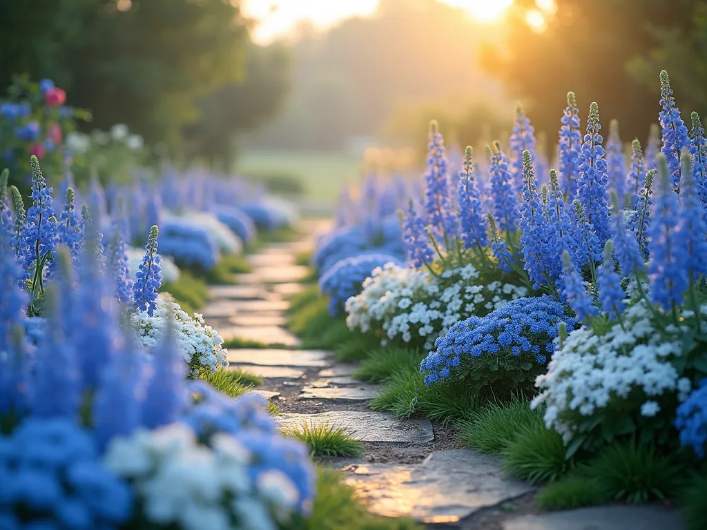 Ethereal Blue Marian Garden Border at Dawn - A sweeping garden border at dawn, bathed in soft morning light, featuring waves of blooming blue delphiniums, forget-me-nots, and azure lobelia creating a celestial gradient. Pure white alyssum carpets the ground like morning frost, weaving between the blue flowers. The border curves gracefully along a natural stone path, with morning dew glistening on the petals. Shot from a low angle to emphasize the heavenly atmosphere, with subtle fog adding mystical depth. Soft bokeh effect in background highlights the ethereal quality of the blue and white palette. Professional garden photography, high detail, atmospheric lighting.