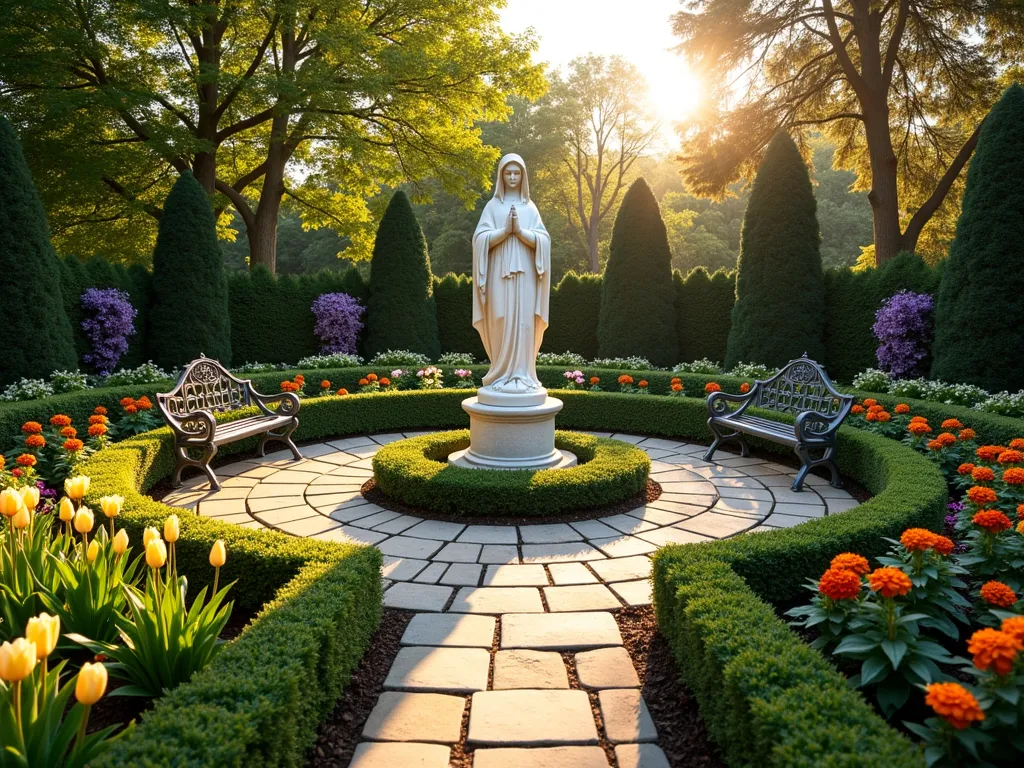 Four Seasons Mary Garden Sanctuary - A serene DSLR wide-angle shot of a circular Mary garden at golden hour, featuring a classical white stone statue of the Virgin Mary as the centerpiece, surrounded by concentric rings of seasonal plantings. In the foreground, spring tulips and daffodils bloom alongside summer roses, while autumn chrysanthemums add warm colors to one side. Evergreen boxwood hedges and blue spruce provide structure and winter interest. Stone pathways divide the garden into four quadrants, each representing a season. Ornate wrought-iron benches sit at cardinal points, with climbing clematis on decorative trellises behind them. Soft, warm sunlight filters through nearby trees, casting gentle shadows across the peaceful garden sanctuary, captured at f/8 with natural lighting highlighting the varied textures and depths of the four-season display.