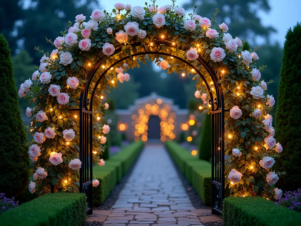 Illuminated Rose Arch Garden Entrance - A stunning twilight photograph of an ornate wrought iron garden arch, 8 feet tall, completely covered in blooming white 'Climbing Iceberg' and pink 'New Dawn' roses. The arch serves as a magical entrance to a Mary garden, with delicate LED fairy lights intertwined among the roses, creating a soft, ethereal glow. The composition captures the arch from a wide-angle perspective, showing the pathway leading through it, with carefully manicured boxwood hedges on either side. Natural stone pavers create a welcoming path, while the background reveals glimpses of the sacred garden space beyond. Shot during blue hour with DSLR camera, the lighting creates a perfect balance between the warm LED lights and the cool evening atmosphere, emphasizing the transitional nature of this sacred gateway. Depth of field ensures both the intricate rose details and overall garden structure remain crisp and clear.