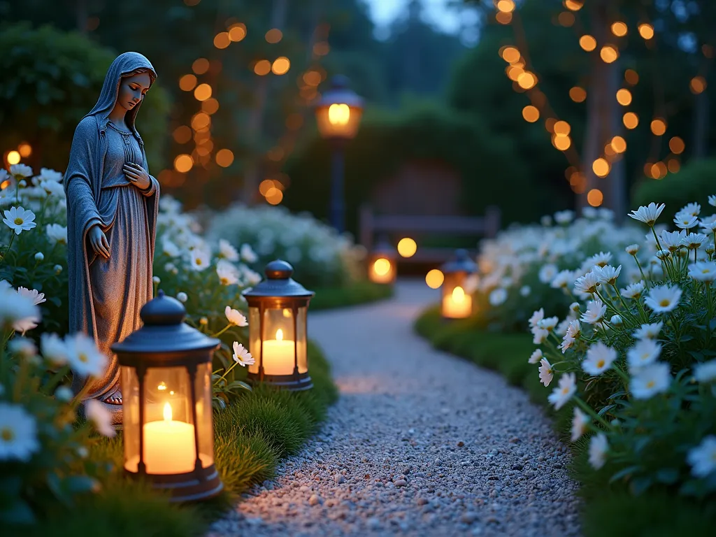 Ethereal Mary Garden by Candlelight - A serene nighttime garden scene captured with a 16-35mm lens at f/2.8, ISO 400. A white-flowered garden path illuminated by softly glowing solar lanterns and elegant glass-enclosed candles. White moonflowers, evening primrose, and pure white roses create an ethereal atmosphere, their petals catching the gentle light. Antique mercury glass orbs and mirrored gazing balls reflect the candlelight, creating magical light patterns. A weathered stone statue of Mary stands as a focal point, partially illuminated by the warm glow. The pathway, lined with crushed white seashells, winds through the garden, leading to a small meditation bench. Delicate string lights draped in nearby trees add depth and a dreamy bokeh effect to the background. The scene is captured during the blue hour, creating a mystical balance between natural and artificial light.