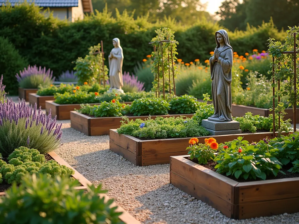 Mary's Sacred Kitchen Garden at Sunset - A beautifully organized traditional kitchen garden photographed at golden hour, featuring raised cedar beds in a symmetrical cross pattern. The garden showcases a harmonious blend of ornamental and edible plants. Purple sage, silvery artemisia, and flowering marigolds border the beds, while neat rows of heirloom tomatoes, fragrant basil, and flowering rosemary create a tapestry of textures. A weathered stone statue of Mary stands as a centerpiece, surrounded by climbing sweet peas on rustic trellises. Soft evening light casts long shadows across the gravel pathways, while copper garden markers catch the warm sunlight. The scene is captured from a 45-degree elevated angle, showing the geometric layout and the integration of sacred and practical garden elements. Shot with shallow depth of field highlighting the abundant harvest and delicate herb blossoms in the foreground.