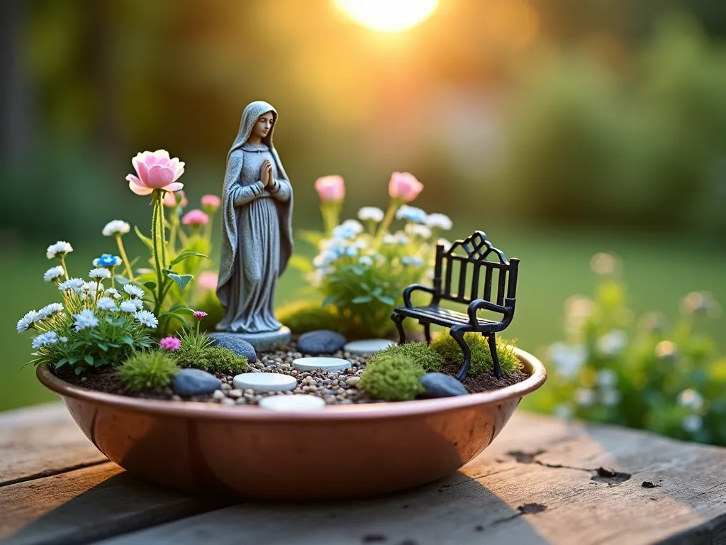 Enchanting Miniature Mary Garden Container - Close-up view of a serene miniature Mary garden in an aged copper container at golden hour. A small, weathered stone statue of Mary stands as the centerpiece, surrounded by delicate dwarf flowers including miniature roses, tiny white alyssum, and blue forget-me-nots. The garden features multiple levels with small stepping stones and a diminutive curved pathway. Soft evening light filters through nearby trees, casting a warm, ethereal glow on the scene. Small decorative pebbles and moss create ground cover, while a miniature iron bench adds whimsical charm. The container sits on a rustic wooden garden table on a peaceful patio, with soft bokeh effects in the background showing glimpses of a larger garden.