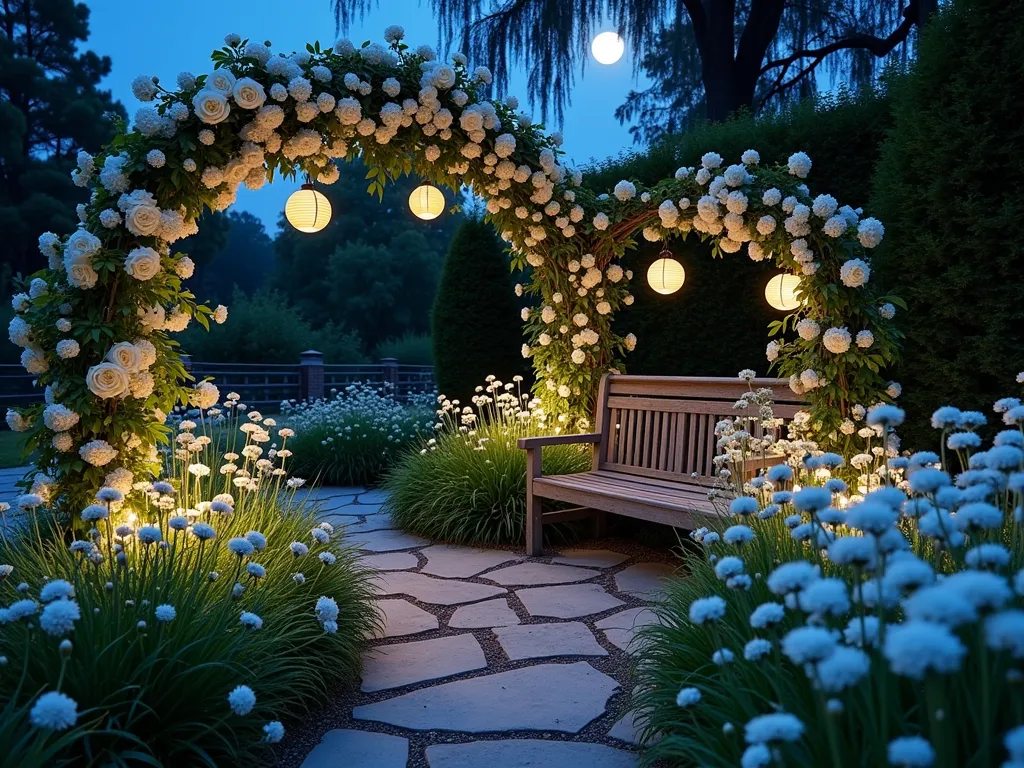 Enchanted Moonlight Mary Garden - A serene nighttime garden scene captured in ethereal moonlight, featuring a circular garden bed filled with luminous white moonflowers and silvery-white nicotiana in full bloom. Artemisia and lamb's ear create silvery-grey foliage accents that shimmer in the moonlight. A rustic stone pathway leads to a simple wooden bench beneath an arch covered in white climbing roses. Soft landscape lighting casts gentle shadows, while paper lanterns hang from nearby branches. The scene is photographed from a wide angle, showing the magical atmosphere of the entire space, with the full moon visible in the background. The natural depth of field captures both the delicate flower details and the overall garden composition. Shot during the blue hour, when the moonlight creates an enchanting glow across the white blooms.