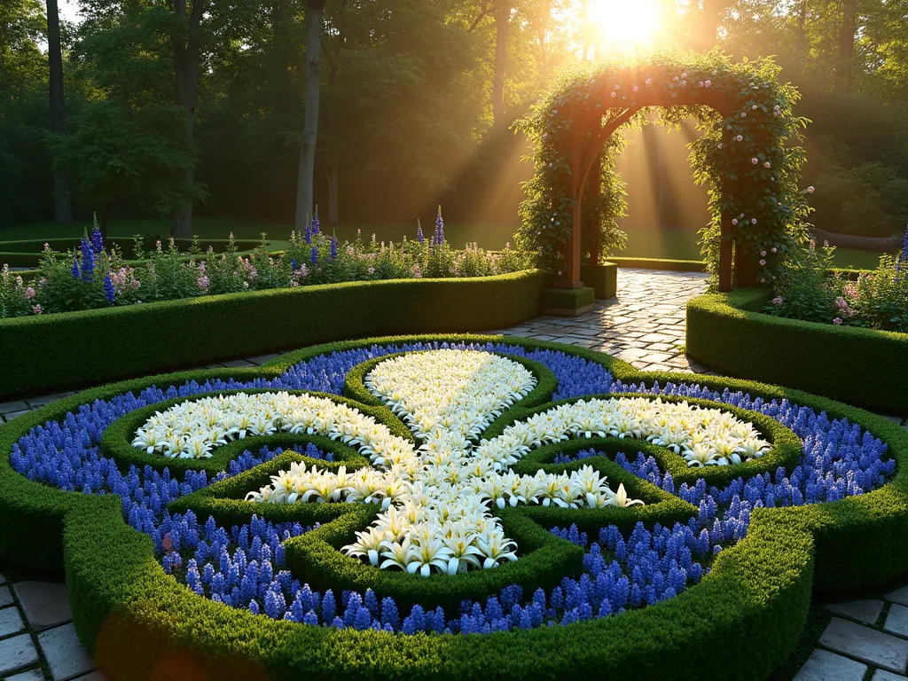 Sacred Fleur-de-lis Garden Symbol - A meticulously designed garden bed in the shape of a large fleur-de-lis symbol, photographed at golden hour with soft, warm lighting casting long shadows. The symbol is filled with white Madonna lilies and blue delphiniums, creating a stunning two-tone effect. The bed is bordered with carefully trimmed boxwood hedges defining the sacred symbol's elegant curves. A stone path leads to the garden feature, while climbing roses on a wooden arch frame the view. In the background, mature trees create a natural sanctuary effect. Shot from a slightly elevated angle to clearly show the symbolic pattern, with morning dew glistening on the flowers. Professional DSLR capture with pristine clarity showing the intricate details of the flowers and garden design. 8K resolution, hyper-realistic detail.