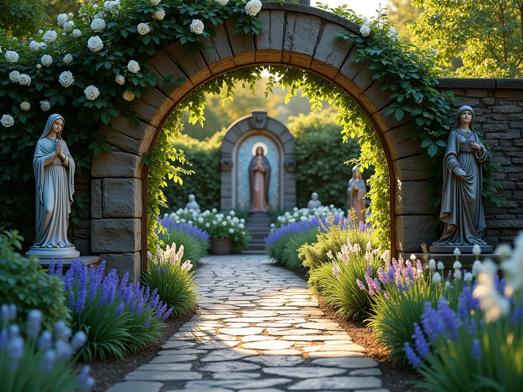 Sacred Garden Art Gallery at Twilight - A serene garden path illuminated by soft twilight, featuring a weathered stone archway adorned with climbing roses and clematis. Religious statues and bronze sculptures are thoughtfully placed along curved pathways bordered by lavender and white flowering plants. A large mosaic of Madonna and Child serves as a focal point, surrounded by white roses and blue delphiniums. Stone benches offer contemplative seating areas, while strategically placed landscape lighting casts gentle shadows on the artwork. Shot with a wide-angle lens capturing the depth of the garden gallery, with the golden hour sun creating a ethereal atmosphere through the foliage. DSLR, f/8, ISO 100, 1/125