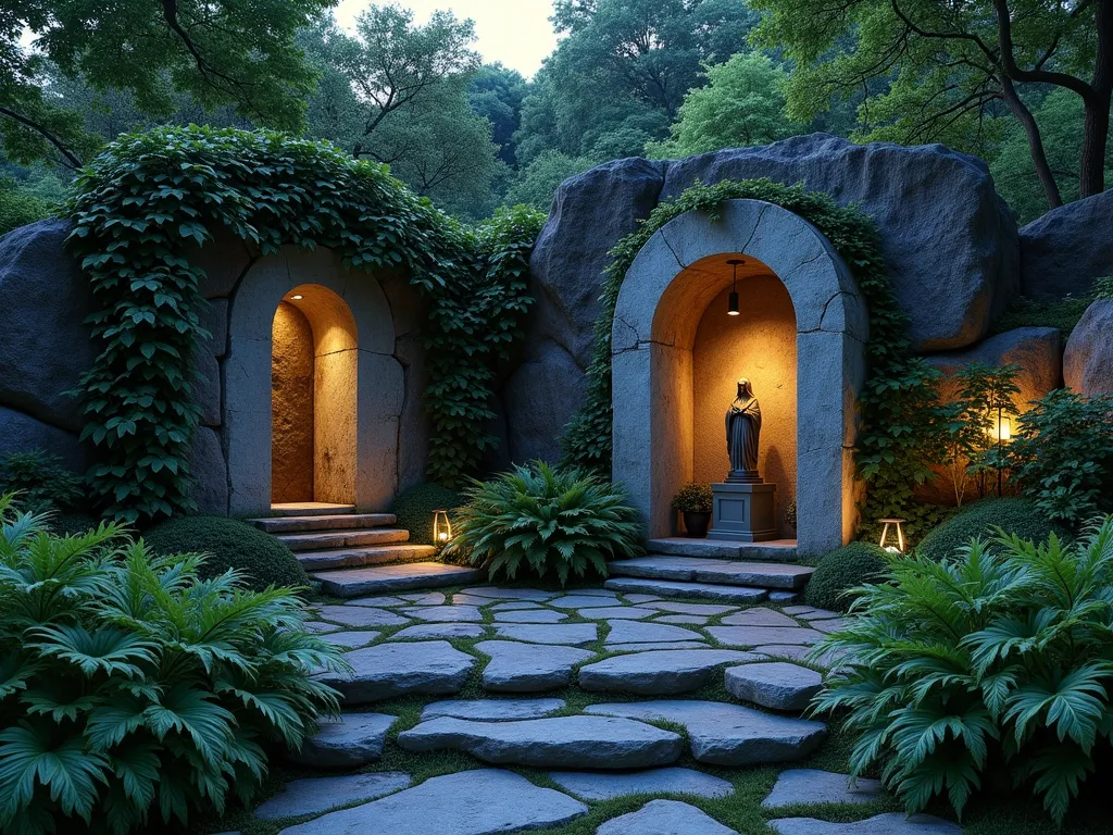 Tranquil Mary Garden Grotto at Twilight - A serene twilight scene of an intimate garden grotto nestled within natural limestone rocks, featuring a protected statue of Mary in a recessed alcove. Soft climbing hydrangea and delicate English ivy frame the grotto's entrance, while clusters of lush Boston ferns cascade around the base. Natural stone steps lead to the sacred space, illuminated by subtle landscape lighting that casts a warm, ethereal glow on the statue. The grotto is photographed from a medium-wide angle, capturing both the architectural detail and the surrounding mystical garden atmosphere. Dappled moonlight filters through overhanging Japanese maple branches, creating enchanting shadows on the weathered stone. Photorealistic, high detail, atmospheric lighting, cinematic composition.