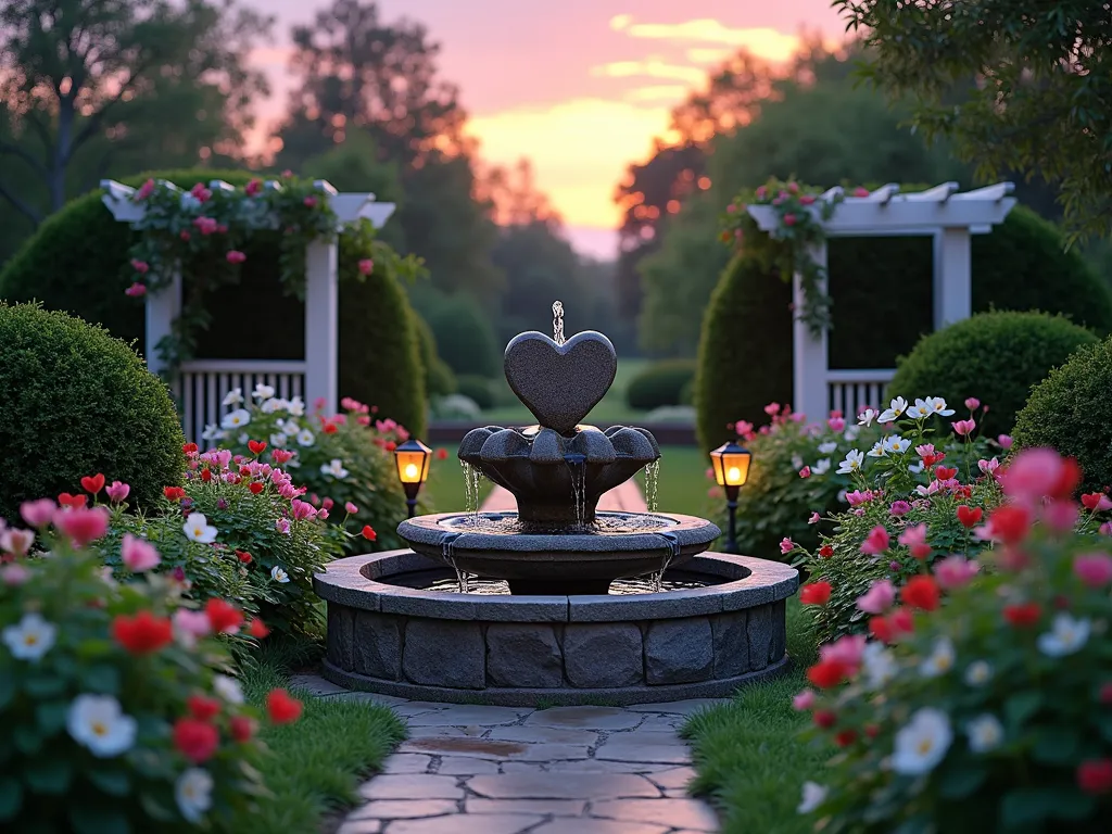 Sacred Heart Garden Fountain at Dusk - A serene garden scene at dusk featuring a elegant heart-shaped stone fountain as the centerpiece, with cascading water creating gentle ripples. The fountain is surrounded by lush clusters of pink and red Bleeding Hearts (Dicentra) and pristine white Columbine flowers swaying gently in the evening breeze. Soft landscape lighting illuminates the water feature from below, creating a mystical glow that reflects off the water's surface. A natural stone path leads to the fountain, bordered by carefully manicured boxwood hedges. The background features climbing roses on a white trellis, creating a sacred sanctuary feel. Shot from a medium-low angle to emphasize the fountain's presence, with the last rays of sunset creating a ethereal purple and golden sky above.