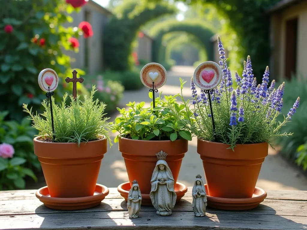 Sacred Marian Herb Garden at Dawn - A serene close-up shot of a rustic terra cotta pot collection arranged in a curved semicircle on a weathered wooden garden table, bathed in soft morning light. Three vintage-style terra cotta pots contain lush plantings of rosemary, thyme, and sage, each adorned with delicate ceramic markers featuring Marian symbols. The herbs are mature and overflowing, with the rosemary's blue flowers and sage's purple blooms creating a harmonious color palette. Small stone statues of Mary are nestled between the pots, while morning dew glistens on the aromatic leaves. The background shows a blurred garden setting with climbing roses and natural stone pathways. Ornate wrought iron garden stakes with religious motifs mark each herb's sacred connection, creating an intimate and contemplative garden vignette.