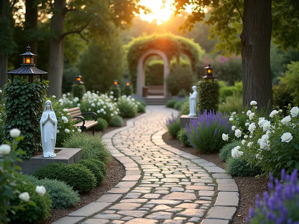 Sacred Processional Garden Path at Dusk - A wide, winding garden path captured at dusk with golden hour lighting filtering through mature trees. The formal crushed stone pathway is bordered by white roses, lavender, and Madonna lilies creating a serene atmosphere. Stone benches and small meditation alcoves with statues of Mary are nestled along the curved path, surrounded by flowering perennials. Ornate wrought iron lanterns cast a warm glow on the natural stone pavers. The path leads to a circular stone prayer garden in the distance, with climbing roses on archways creating natural thresholds. Soft bokeh effect in background with natural depth of field. Shot with wide-angle lens to capture the sweeping curve of the path and surrounding garden landscape.