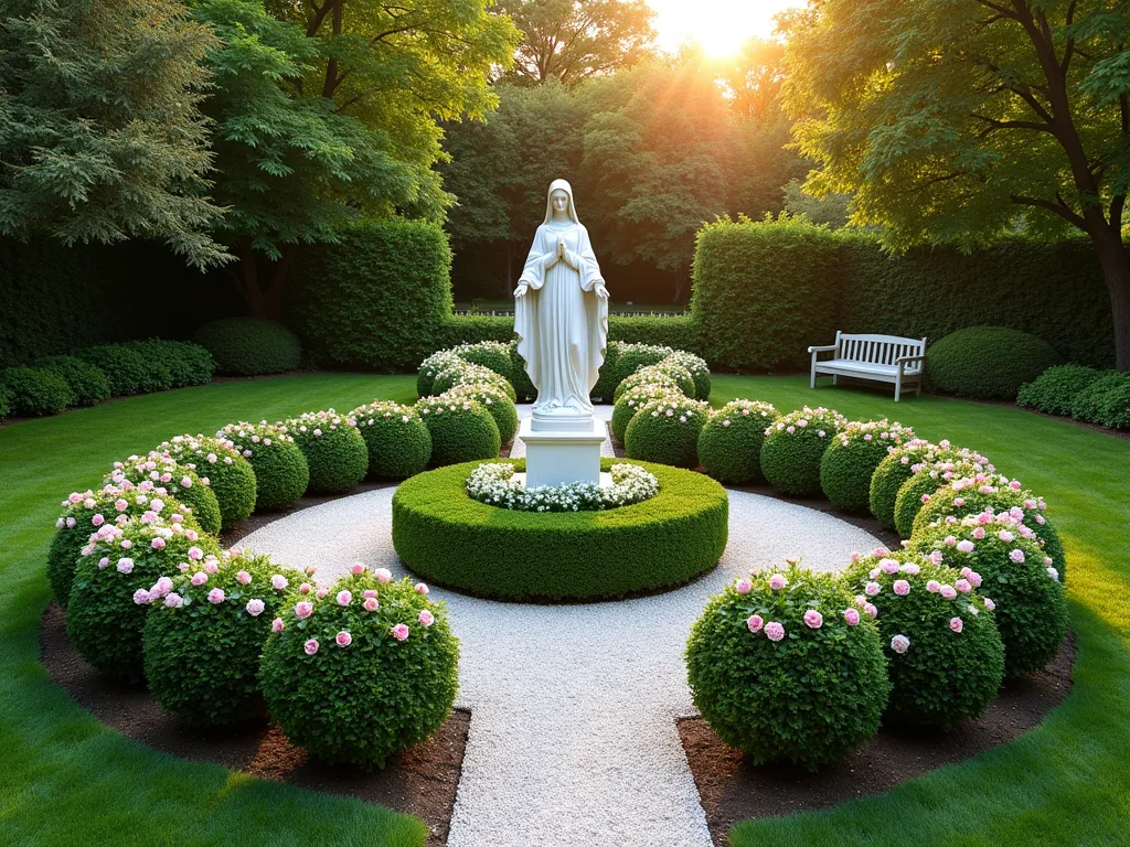 Sacred Rosary Garden Path - A serene golden hour photograph of a circular garden path designed as a living rosary, captured with a wide-angle lens. Perfectly manicured round boxwood shrubs, each 2 feet in diameter, form the 'beads' of the rosary, connected by a winding crushed white gravel path. Five distinct garden sections are anchored by blooming David Austin roses in soft pink and white. At the entrance, a classical white marble statue of Mary stands 5 feet tall as the centerpiece, surrounded by a bed of white Madonna lilies. The circular design is nestled within a larger garden space, with mature trees providing dappled shade. Soft evening sunlight filters through, creating gentle shadows and highlighting the geometric precision of the boxwoods. Professional DSLR photo with natural lighting, f/8, ISO 100, 1/125