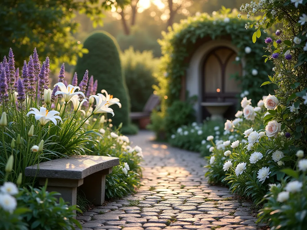 Sacred Scented Prayer Garden at Dusk - A serene garden sanctuary photographed at dusk, featuring a winding cobblestone path through fragrant blooms. In the foreground, a weathered stone bench sits beside a cluster of pristine white Madonna lilies and vintage climbing roses. The path leads to an intimate prayer nook bordered by aromatic lavender and rosemary herbs. Soft golden evening light filters through the foliage, creating ethereal shadows. White David Austin roses frame the scene, while potted jasmine climbs antique trellises. A small stone fountain provides gentle ambient sounds. Shot with shallow depth of field, emphasizing the dreamy atmosphere and delicate flower details. Natural garden lighting enhanced by subtle copper lanterns.