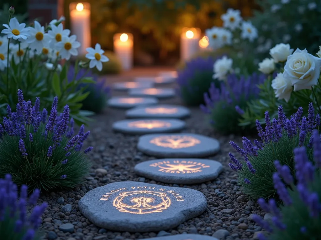 Sacred Stepping Stone Prayer Path at Dusk - A serene, winding garden path captured at dusk, featuring handcrafted stepping stones adorned with carved Marian symbols and prayers. The stones glow softly in the fading light, creating a mystical atmosphere. Between the stones, lavender, thyme, and chamomile create a fragrant carpet, their purple and white blooms visible in the twilight. The path curves gracefully through a cottage garden setting, with traditional Madonna lilies and white roses framing the journey. Soft landscape lighting illuminates the stones from below, casting gentle shadows on the aromatic groundcover. Shot from a low angle to emphasize the spiritual journey aspect, with subtle bokeh effects in the background where votive candles twinkle among the foliage.