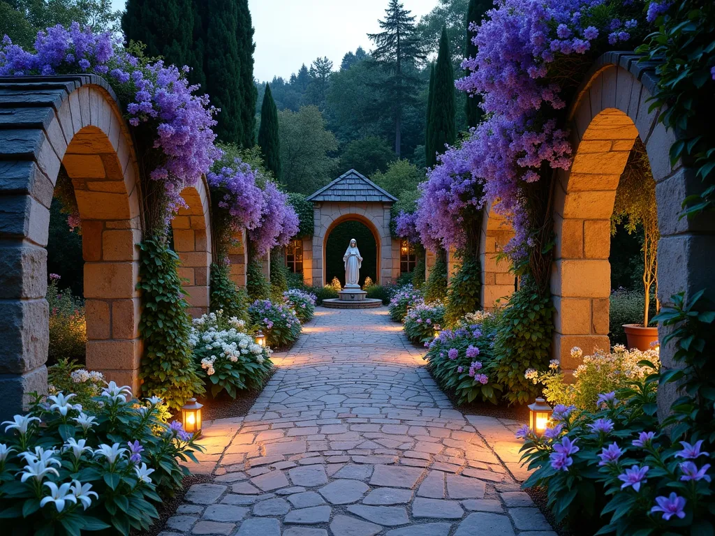 Seven Sorrows Garden Meditation Path - A serene twilight photograph of an enchanting garden path with seven interconnected garden rooms, separated by weathered stone archways draped in climbing purple clematis and white moonflowers. Each intimate space features contemplative seating and distinct plantings: white lilies, blue delphiniums, purple passion flowers, and red roses. Soft lantern lighting illuminates the mystical pathway, creating dramatic shadows across worn cobblestone paths. A central meditation area includes a weathered stone statue of Mary surrounded by cascading water features and weeping willows. Shot with a wide-angle lens to capture the flowing connection between spaces, with golden hour light filtering through the archways creating a ethereal atmosphere. The garden is enclosed by mature cypress trees providing privacy and spiritual solitude.