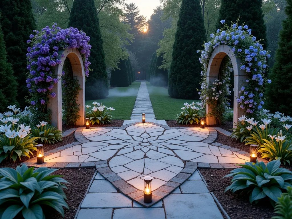 Star of Mary Sacred Pathway at Dusk - A serene garden pathway in the shape of a perfect five-pointed star, photographed from an elevated angle at dusk. Light-colored limestone pavers create the star pattern, softly illuminated by subtle ground lighting. Deep purple clematis and iridescent blue morning glories climb decorative trellises at each point of the star, creating ethereal prayer stations. Beds of white stargazer lilies and silver-leaved plants border the pathway, catching the last golden rays of sunset. Small copper lanterns mark each vertex of the star, casting a warm glow. The pathway is nestled within a tranquil backyard garden setting, surrounded by mature evergreens that create a natural sanctuary feel. A gentle mist hovers near the ground, adding to the mystical atmosphere. Photorealistic, high detail, magical garden atmosphere.