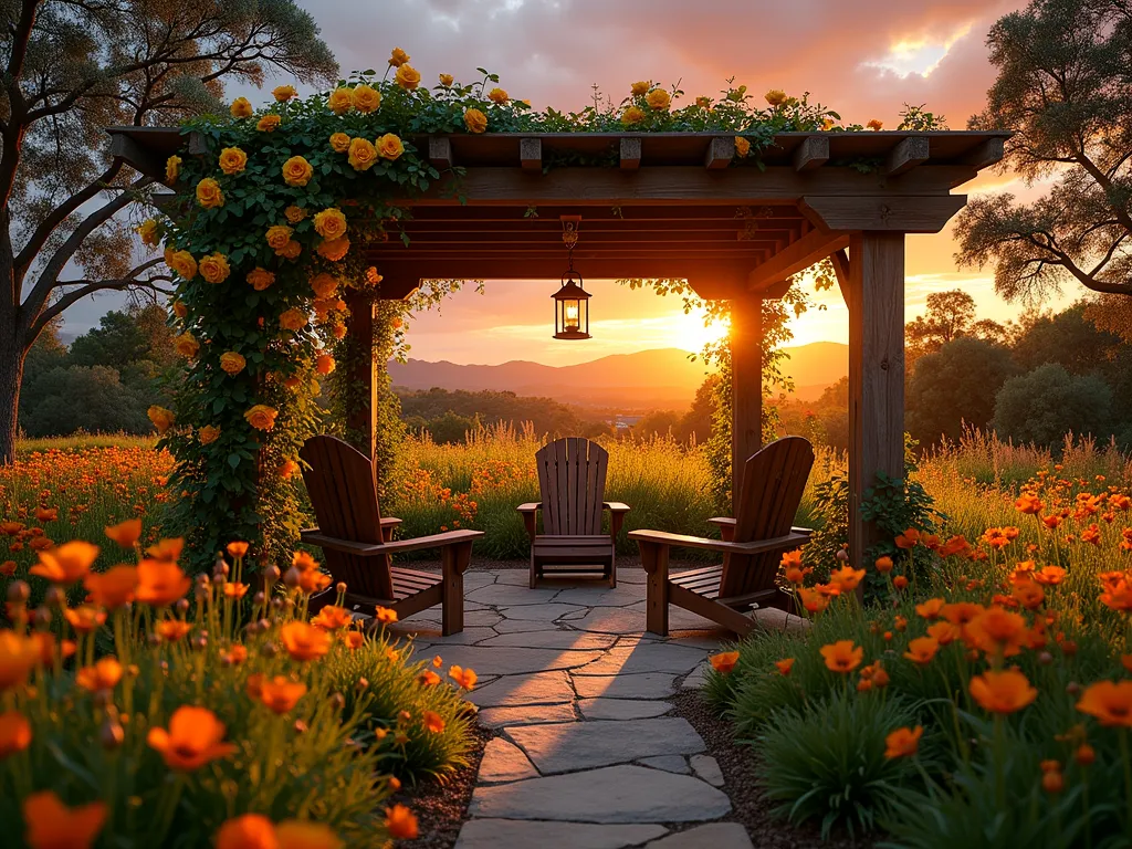 Serene Sunset Prayer Garden - A stunning DSLR photograph of a peaceful west-facing garden sanctuary at golden hour, captured with a wide-angle lens. A rustic wooden pergola adorned with climbing golden roses frames an intimate seating area with weathered teak Adirondack chairs and prayer benches. The garden glows with masses of evening-blooming flowers in warm sunset hues - orange California poppies, golden daylilies, and yellow evening primrose catching the last rays of sunlight. Copper lanterns hang from the pergola, their warm light beginning to twinkle as the sun descends. A meandering flagstone path leads through the garden, bordered by drought-tolerant ornamental grasses that sway gently in the evening breeze. The background shows a dramatic sunset sky in deep oranges and purples, with silhouettes of mature trees providing depth. The scene is captured at f/8 for optimal depth of field, showcasing the rich textures and atmospheric lighting of this sacred outdoor space.