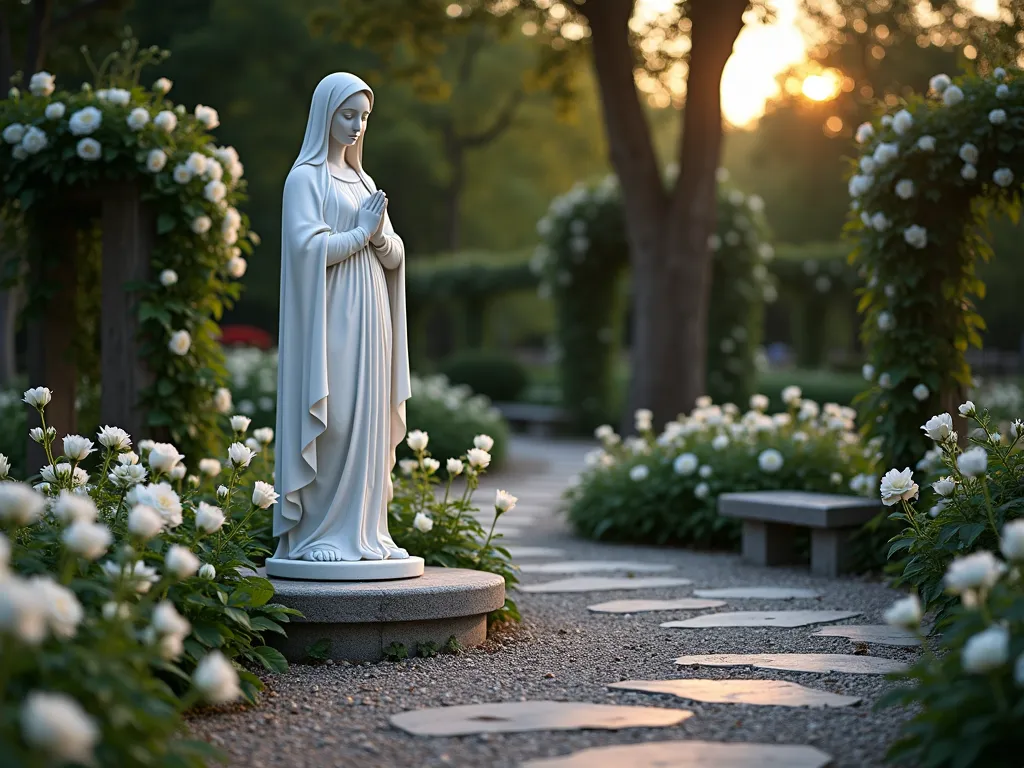 Traditional Mary Garden Statue with White Rose Border - A serene dusk photograph of a traditional white marble Madonna statue standing on a raised natural stone platform in a garden setting. The statue, captured with a wide-angle perspective, is surrounded by a circular bed of blooming white roses and pristine Madonna lilies. Soft golden hour lighting casts gentle shadows across the scene, while a curved decorative gravel path leads to the statue. The path is lined with weathered stone pavers and illuminated by subtle ground lighting. In the background, mature trees create a natural sanctuary effect, with climbing roses on garden trellises. Shot with shallow depth of field focusing on the statue's peaceful expression, creating a dreamy bokeh effect on the flowers. A stone bench is partially visible in the foreground, suggesting a place for quiet contemplation.