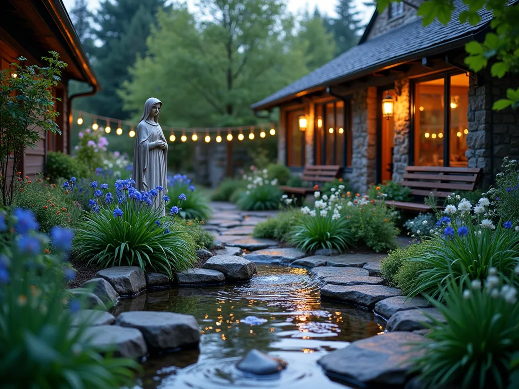 Tranquil Rain Garden Sanctuary - A serene rain garden sanctuary at dusk, captured with a wide-angle lens. A natural stone path meanders through beds of moisture-loving plants like Japanese iris, marsh marigolds, and blue lobelia. A small recessed basin with river rocks collects rainwater, creating a peaceful reflection pool. Ornate Victorian-style rain chains guide water from copper gutters into the garden. Natural stone benches nestled among swaying ferns and hostas provide meditation spots. Soft garden lighting illuminates the space, creating a mystical atmosphere as water droplets catch the light. A weathered stone statue of Mary stands as a centerpiece, surrounded by cascading blue and white flowers. The garden incorporates sustainable drainage features with artistic elements, photographed with careful attention to depth and natural lighting.