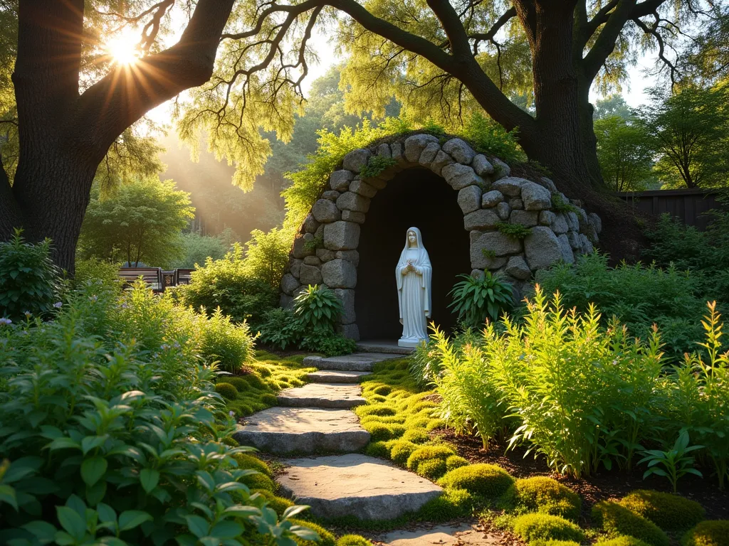 Serene Woodland Mary Shrine - A peaceful woodland Mary garden shrine photographed at golden hour, with dappled sunlight filtering through towering oak trees. A natural stone grotto houses a simple white Madonna statue, surrounded by lush native ferns, carpets of emerald moss, and delicate woodland wildflowers. Natural stepping stones lead to the intimate sacred space, while Japanese forest grass sways gently in the foreground. The scene is captured from a low angle, emphasizing the spiritual atmosphere with rays of light creating a heavenly glow around the statue. The shrine is nestled within a mature backyard garden setting, with weathered wooden benches nearby for contemplation. Shot with DSLR camera, wide-angle lens, f/8, ISO 100, 1/125 sec.