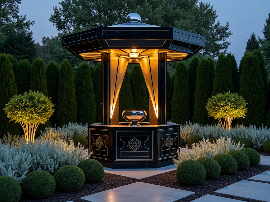 Art Deco Wishing Well with Geometric Sophistication - A stunning Art Deco wishing well in a night garden setting, featuring bold geometric patterns and stepped forms in polished chrome and black marble. The well's octagonal structure rises dramatically with zigzag motifs and sunburst patterns, complemented by sleek metallic gold accents. Dramatic uplighting casts geometric shadows across the structure, while silver-leaved plants like Dusty Miller create a sophisticated border. Clean architectural lines are softened by structured boxwood spheres and illuminated water features that reflect the moonlight.