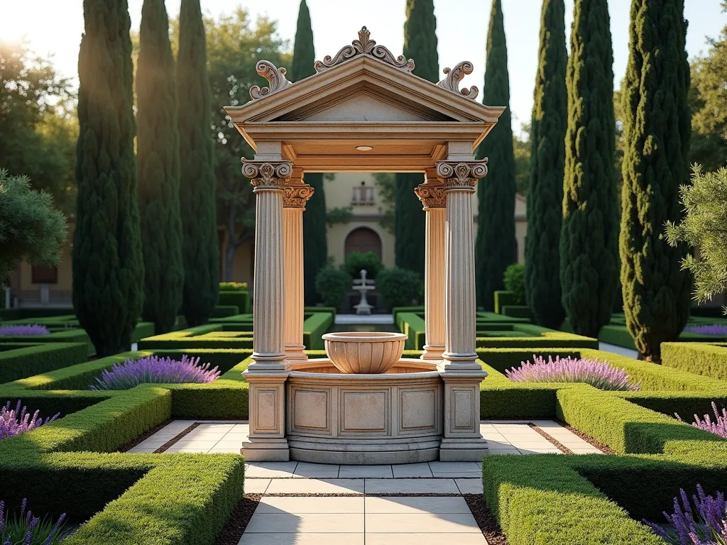 Classical Roman Wishing Well with Mediterranean Garden - A majestic stone wishing well with fluted Corinthian columns and ornate marble detailing, set in a formal Italian garden. The well features a carved stone basin and classical Roman architectural elements. Surrounded by perfectly manicured boxwood hedges in geometric patterns, with tall Italian cypress trees framing the scene. Mediterranean lavender and olive trees add authentic charm. Soft evening sunlight casts warm shadows across the weathered stone, creating a romantic, timeless atmosphere. Architectural photography style, ultra-detailed, photorealistic.