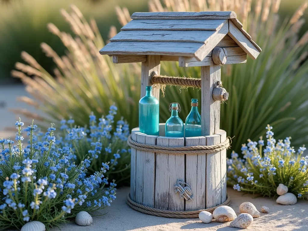 Coastal Wishing Well Garden Retreat - A charming weathered wooden wishing well with soft gray patina, adorned with nautical rope accents and weathered blue glass bottles catching sunlight. Situated in a natural coastal garden setting with swaying ornamental sea grasses and vibrant blue and white seaside flowers. Scattered seashells and driftwood pieces enhance the maritime atmosphere. Photorealistic, soft late afternoon lighting, coastal aesthetics, high-end landscape photography style.