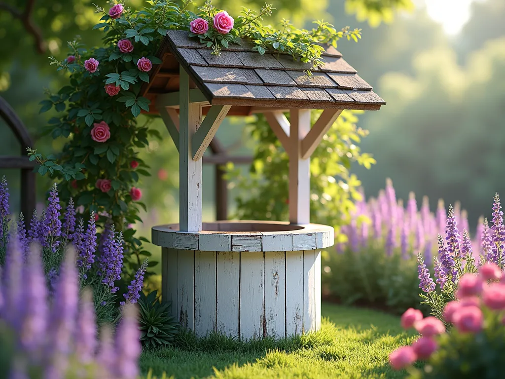 Classic Cottage Garden Wishing Well with Blooming Flowers - A charming wooden wishing well with a shingled roof and ornate brackets, painted in soft antique white, set in a lush cottage garden. The well is surrounded by a romantic profusion of blooming English lavender, climbing pink roses, and tall purple foxgloves. Dappled sunlight filters through, creating a dreamy, enchanted garden atmosphere. Weathered wood texture visible through the paint adds character. The scene is captured in a photorealistic style with soft natural lighting.