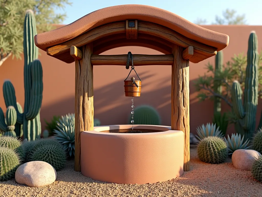 Desert Oasis Wishing Well - A photorealistic southwestern adobe-style wishing well with warm terracotta stucco finish and rustic wooden beam accents, nestled in a desert garden landscape. The well features a curved roof with weathered clay tiles and authentic rope and bucket detail. Surrounding the structure is a carefully curated collection of desert plants including tall saguaro cacti, barrel cacti, and various blue-green succulents. The ground is covered with a mix of golden desert gravel and larger decorative rocks. Soft late afternoon sunlight casts gentle shadows, highlighting the well's architectural details and creating a serene, southwestern atmosphere. 8k resolution, architectural photography style.