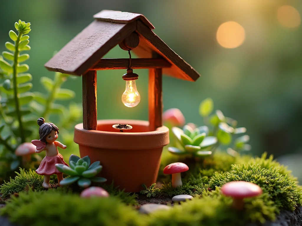 Enchanted Miniature Fairy Garden Well - A charming miniature fairy garden featuring a delicate handcrafted wishing well made from stacked terra cotta pots with a tiny wooden roof and bucket, surrounded by lush moss, miniature ferns, and tiny succulents. Delicate battery-operated fairy lights emit a soft, magical glow around the well, while small fairy figurines and mushroom decorations add whimsy. The scene is captured in soft, dreamy lighting with shallow depth of field, highlighting intricate details and creating an ethereal atmosphere. Photographed from a close-up perspective to emphasize the miniature scale.