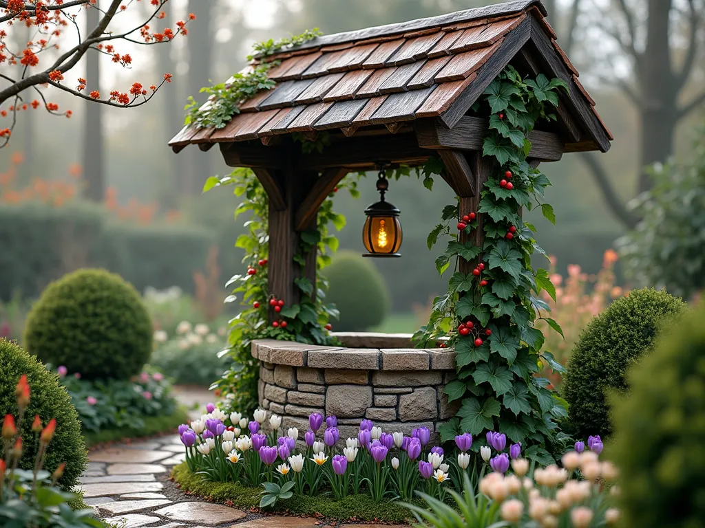 Four-Season Enchanted Wishing Well Garden - A charming stone wishing well in a garden setting, surrounded by a stunning year-round display. Climbing dark green ivy and winter jasmine adorn the well's structure. Purple and white spring crocuses and daffodils emerge from the base, while pink climbing roses bloom alongside. Red winter berries peek through the foliage, creating seasonal interest. The well features a rustic wooden roof with copper accents, weathered to a beautiful patina. Natural stone pathway leads to the well, bordered by boxwood shrubs and flowering perennials. Soft, atmospheric lighting and morning mist add to the enchanting scene. Photorealistic, 4K, detailed garden photography style.