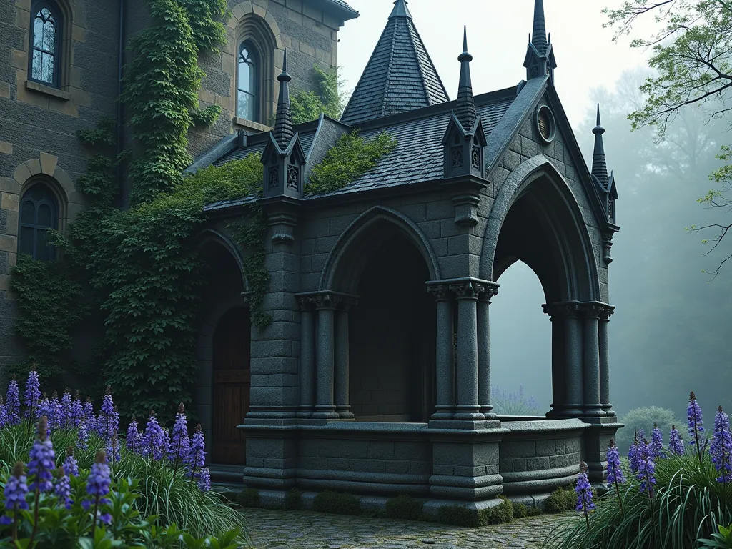 Gothic Revival Wishing Well - A dramatic stone wishing well with pointed Gothic arches and ornate medieval gargoyles, crafted from dark gray stone. Ancient climbing ivy cascades down its weathered walls. Deep purple delphinium and black mondo grass surround the base. Moody atmosphere with subtle morning mist. Wrought iron details and spires accent the well's peaked roof. Photorealistic, architectural photography style, soft directional lighting.