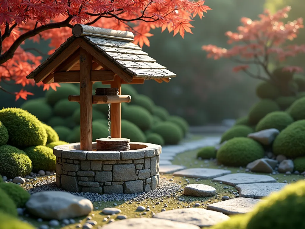 Zen Garden Bamboo Wishing Well - A serene Japanese wishing well with a traditional bamboo roof and wooden bucket mechanism, set in a meticulously designed zen garden. The well features natural stone construction with weathered textures, surrounded by lush green moss gardens and the elegant branches of a Japanese maple tree with deep red leaves. Carefully placed granite rocks and pebbles create traditional zen patterns in the foreground. Soft natural lighting casts gentle shadows across the scene, creating a peaceful, meditative atmosphere. Photorealistic style, high-end landscape photography.