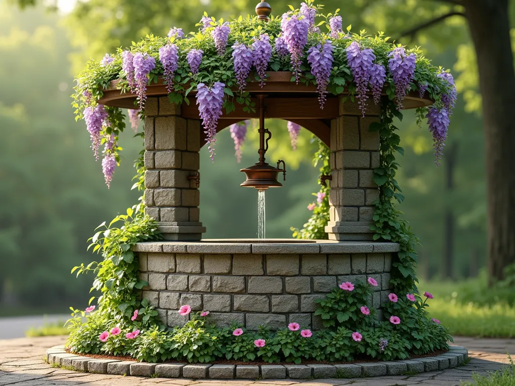 Living Wall Wishing Well with Cascading Florals - A charming stone wishing well with built-in vertical garden pockets, photographed in soft natural light. The well's circular walls are transformed into a living tapestry with cascading purple wisteria, trailing ivy, and delicate pink petunias flowing downward. Built-in irrigation systems visible through artistic copper spouts. The structure features multiple tiers of planted sections, creating a lush green wall effect. Soft bokeh background with dappled sunlight filtering through trees. Photorealistic, architectural detail, 4K quality.