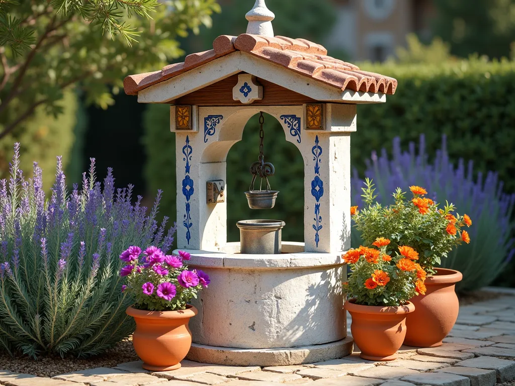 Mediterranean Wishing Well Garden Oasis - A charming whitewashed stone wishing well with ornate blue and white Mediterranean ceramic tiles and decorative wrought iron details, set against a sun-drenched garden landscape. The well features an elegant arched roof and vintage-style bucket and pulley system. Surrounding the well are lush clusters of purple lavender and cascading rosemary plants. Multiple hand-painted terracotta pots showcase vibrant magenta and orange bougainvillea blooms. Soft, golden Mediterranean sunlight filters through the scene, creating warm shadows and highlighting the textural elements. The composition is styled in a romantic, traditional Mediterranean garden aesthetic, with a weathered, timeworn patina on the stonework, hyperrealistic detail, professional photography lighting, f/2.8, soft bokeh background.