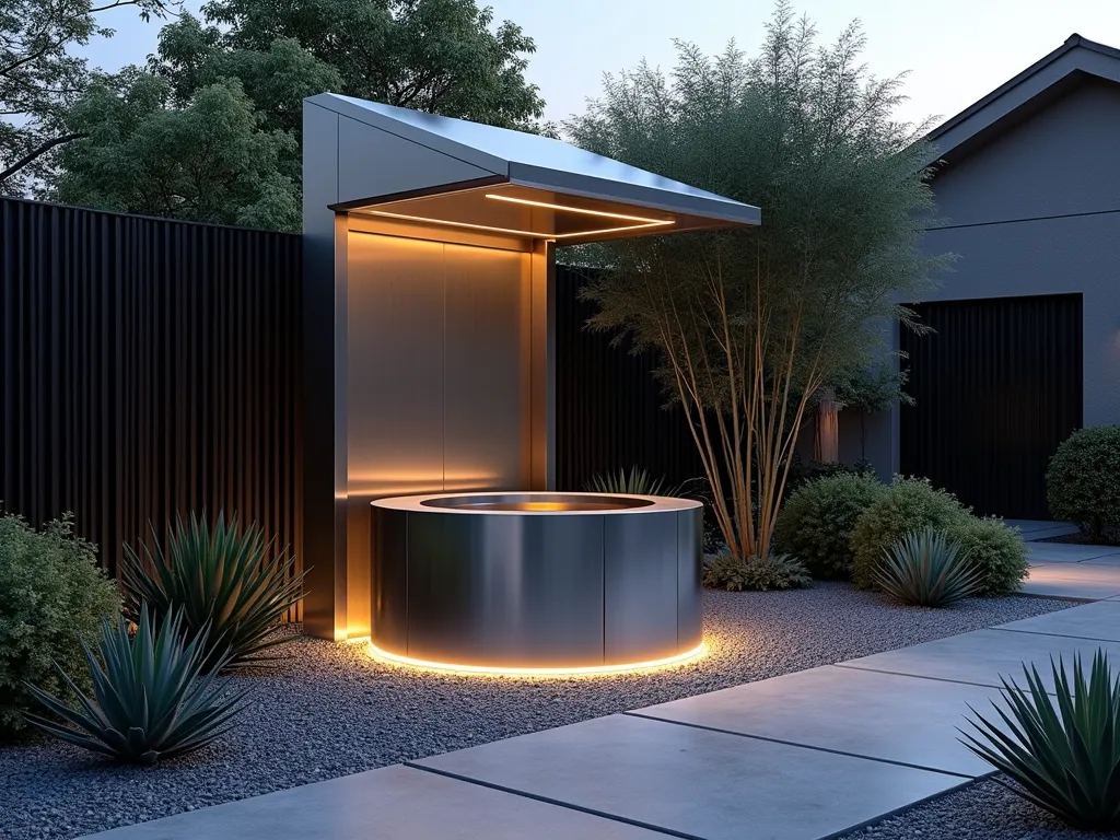 Modern Industrial Wishing Well Garden Feature - A stunning modern wishing well made of brushed steel and corrugated metal panels, with clean geometric lines, set in a contemporary garden. The well features LED strip lighting embedded in its base, casting a warm glow. Surrounded by architectural plants like tall black bamboo and spiky Agave attenuata. Polished concrete pathway leading to the well, with crushed steel-gray gravel accents. Photographed at dusk with dramatic lighting, photorealistic, ultra-detailed, architectural visualization style.