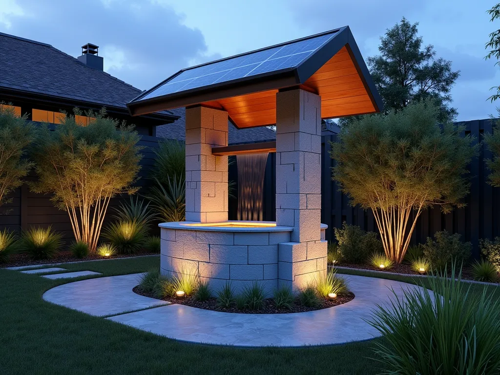 Modern Solar-Powered Wishing Well at Twilight - A stunning contemporary wishing well made from recycled stone and weathered copper, featuring sleek integrated solar panels on its peaked roof. The well emits a soft, ethereal blue LED glow from within, illuminating a gentle cascade of water flowing down its sides. The structure is surrounded by modern landscaping with sustainable bamboo accents and drought-resistant ornamental grasses catching the last light of dusk. The scene is captured during the magical blue hour, with the well's lighting creating an enchanting atmosphere in a perfectly manicured garden setting. Photorealistic, architectural photography style, soft ambient lighting.