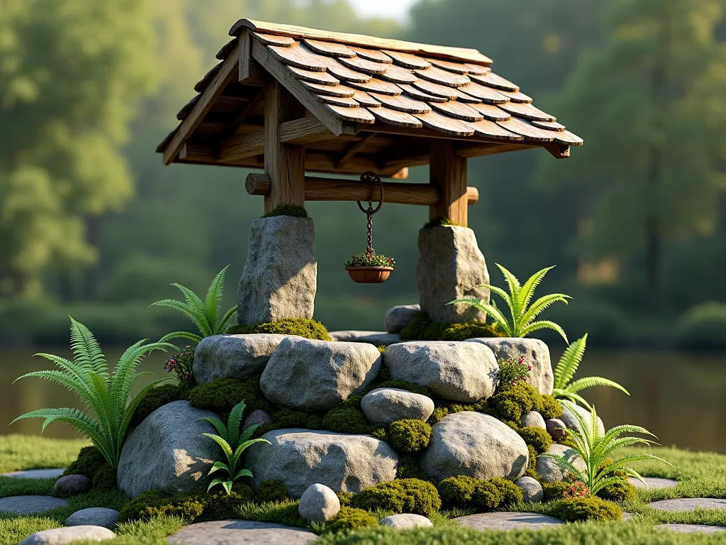 Natural Boulder Wishing Well with Native Ferns - A rustic wishing well masterfully constructed from large, weathered natural boulders and fieldstones, appearing to organically emerge from the landscape. The well features moss-covered stones with delicate ferns and native plants growing between the rock crevices. Soft morning light illuminates the scene, creating gentle shadows between the stones. The well has a traditional wooden roof with natural cedar shakes, perfectly complementing the stone structure. Lush Boston ferns and maidenhair ferns cascade around the base, while small clusters of woodland wildflowers add subtle color. Photorealistic, nature photography style, 4K, detailed textures.