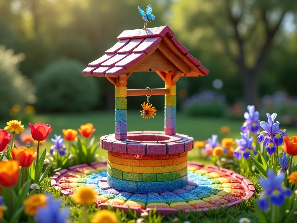 Whimsical Rainbow Wishing Well Garden - A charming garden wishing well painted in vibrant rainbow stripes, with each tier featuring a different color transitioning from red to violet. The well is adorned with sparkling mosaic tiles in matching rainbow hues catching the sunlight. Surrounding the well are concentric circles of flowers arranged in rainbow order: red tulips, orange marigolds, yellow daffodils, green bells of Ireland, blue delphiniums, and purple iris. Whimsical butterfly and dragonfly decorations dance around the well's peaked roof. The scene is captured in bright daylight with a dreamy, storybook quality, perfect for a family garden. Photorealistic, high detail, magical garden atmosphere.