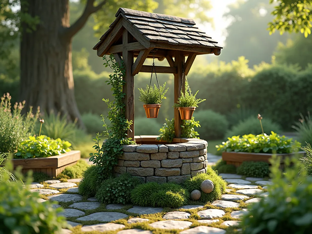 Rustic Herb Garden Wishing Well - A charming stone and weathered wood wishing well surrounded by lush raised herb garden beds in afternoon sunlight. The well features hanging copper planters with cascading thyme and oregano, while vertical wooden lattices attached to its sides support climbing rosemary and sage. The circular raised beds around the base burst with culinary herbs including basil, parsley, and chives. Natural stone pathways weave between the beds, with dappled sunlight creating a magical cottage garden atmosphere. Photorealistic, high detail, cottage core aesthetic.